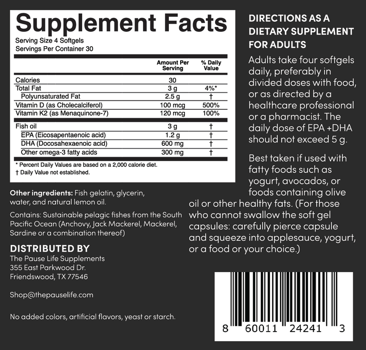 The Galveston Diet Supplements Omega 3 + Vitamin D3 & K2 The 'Pause Life by Dr. Mary Claire